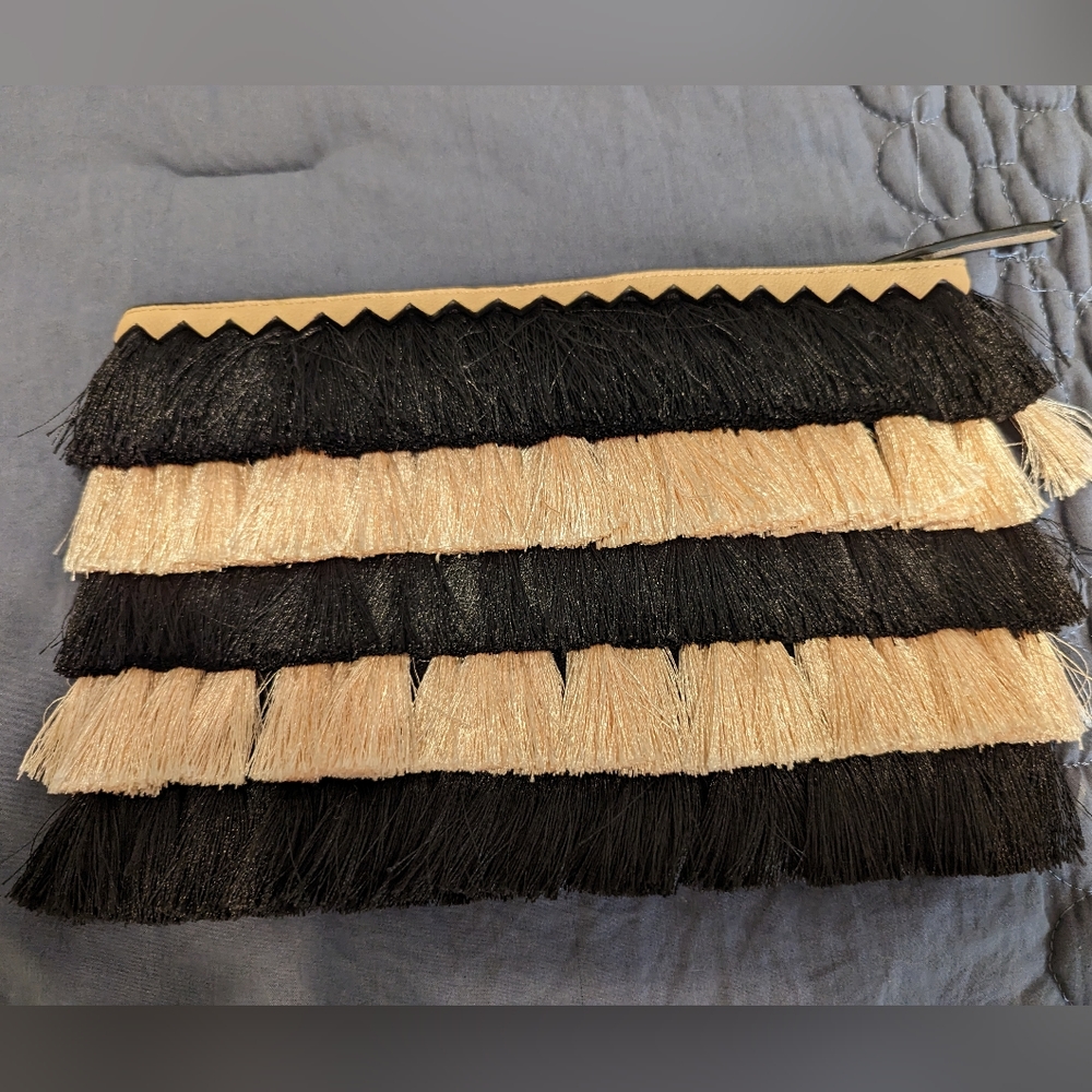 Stella and Dot Black and Pink Tassel Clutch